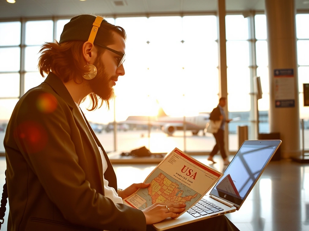 Путешественник изучает карту США в аэропорту